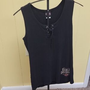 Harley-Davidson Black Lace-Up Sleeveless Tank with PCB, FL Logo, LARGE